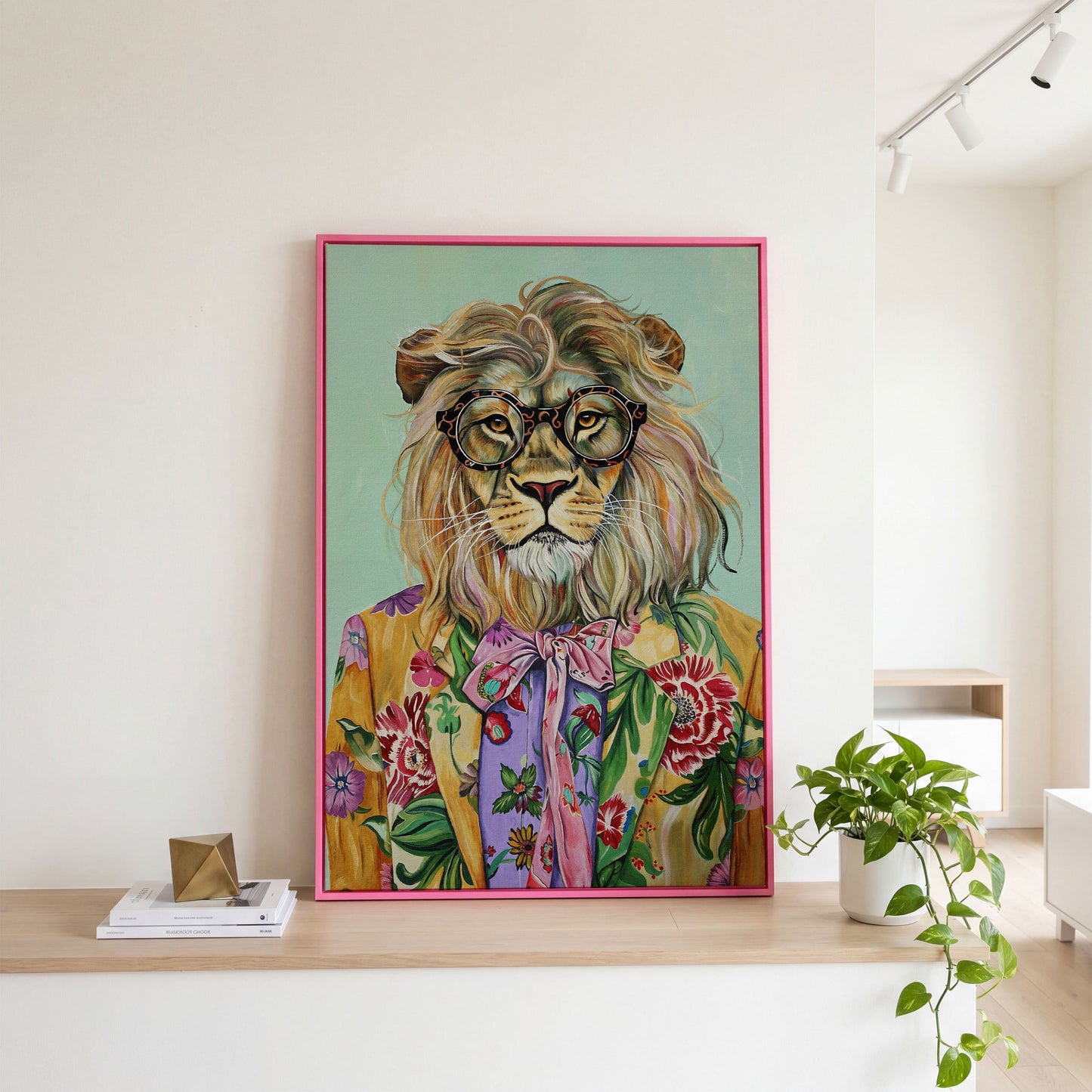 Lion in Floral Suit Canvas Print in pink floating frame