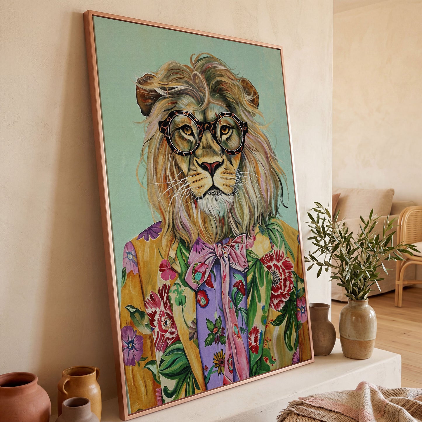 Lion in Floral Suit Canvas Print in rose gold floating frame