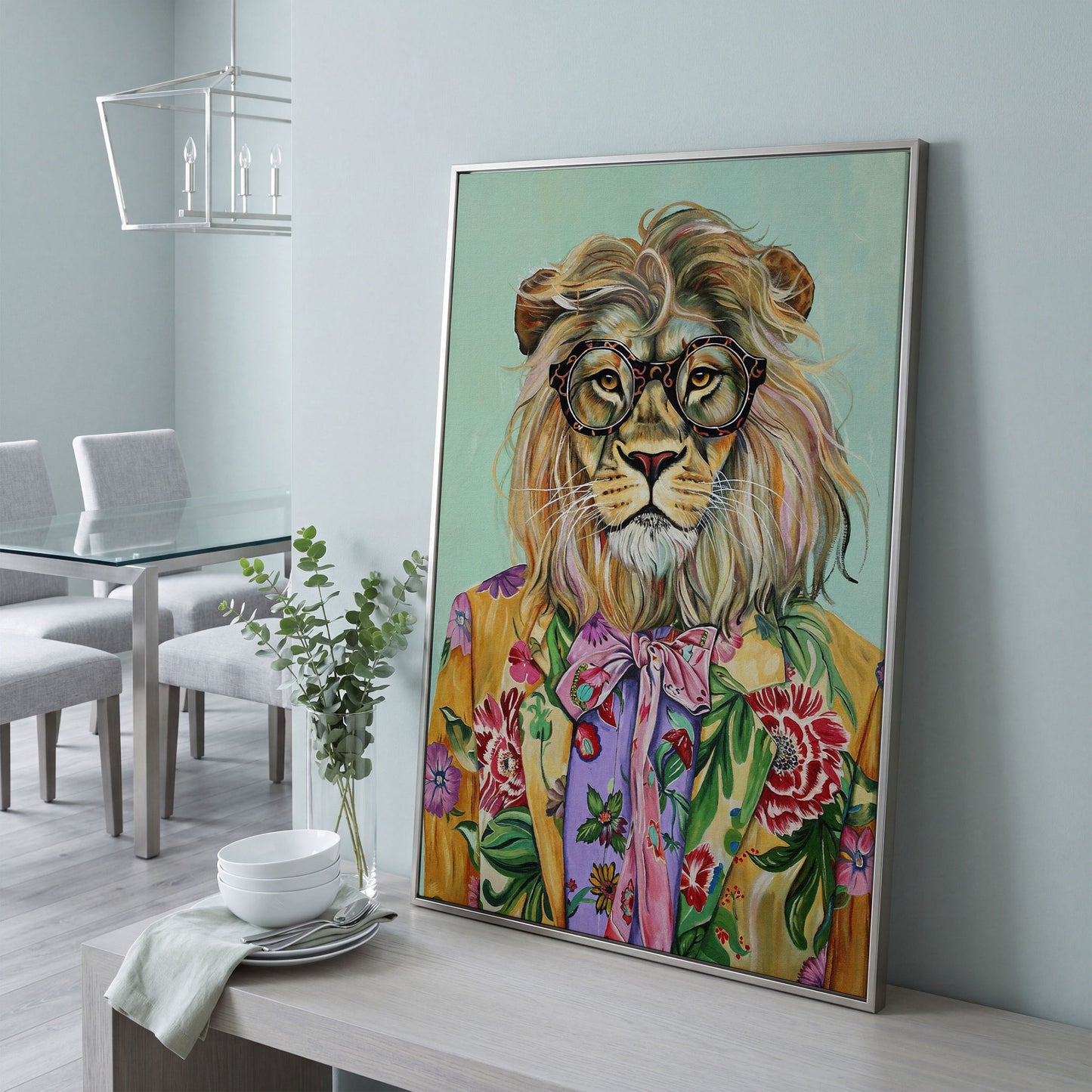 Lion in Floral Suit Canvas Print in silver floating frame