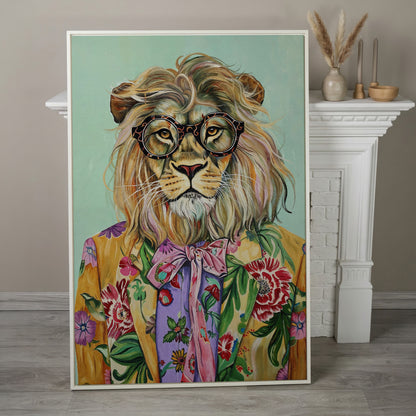 Lion in Floral Suit Canvas Print in white floating frame