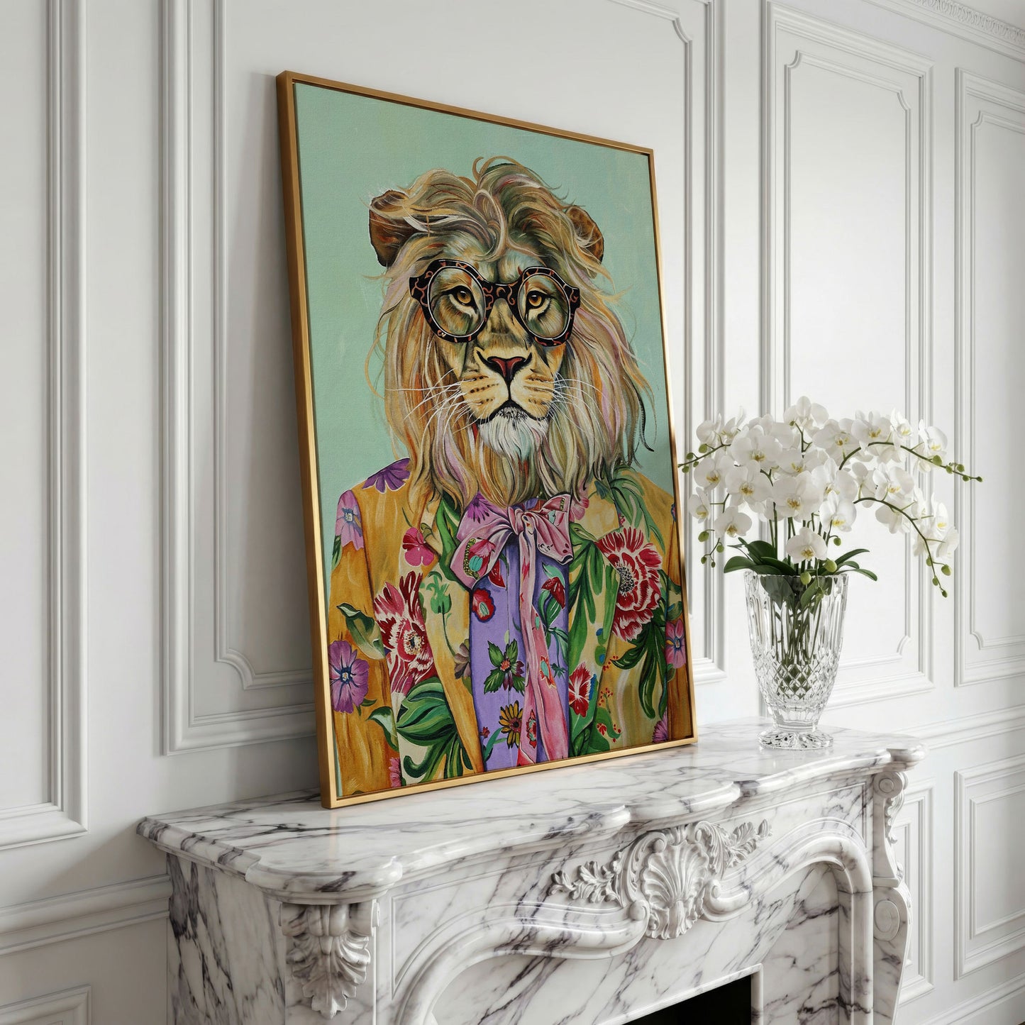 Lion in Floral Suit Canvas Print in yellow gold floating frame