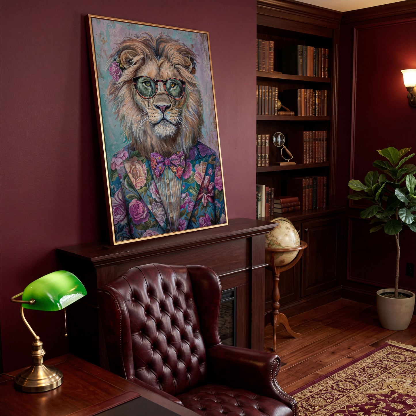 Lion in Floral Suit with Glasses and Bowtie Canvas Print in antique gold floating frame