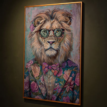 Lion in Floral Suit with Glasses and Bowtie Canvas Print shown in antique gold floating frame