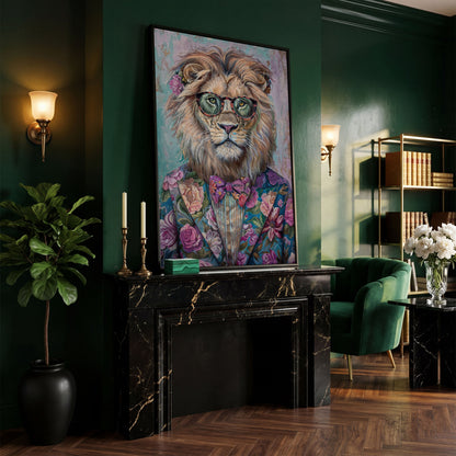 Lion in Floral Suit with Glasses and Bowtie Canvas Print in black floating frame