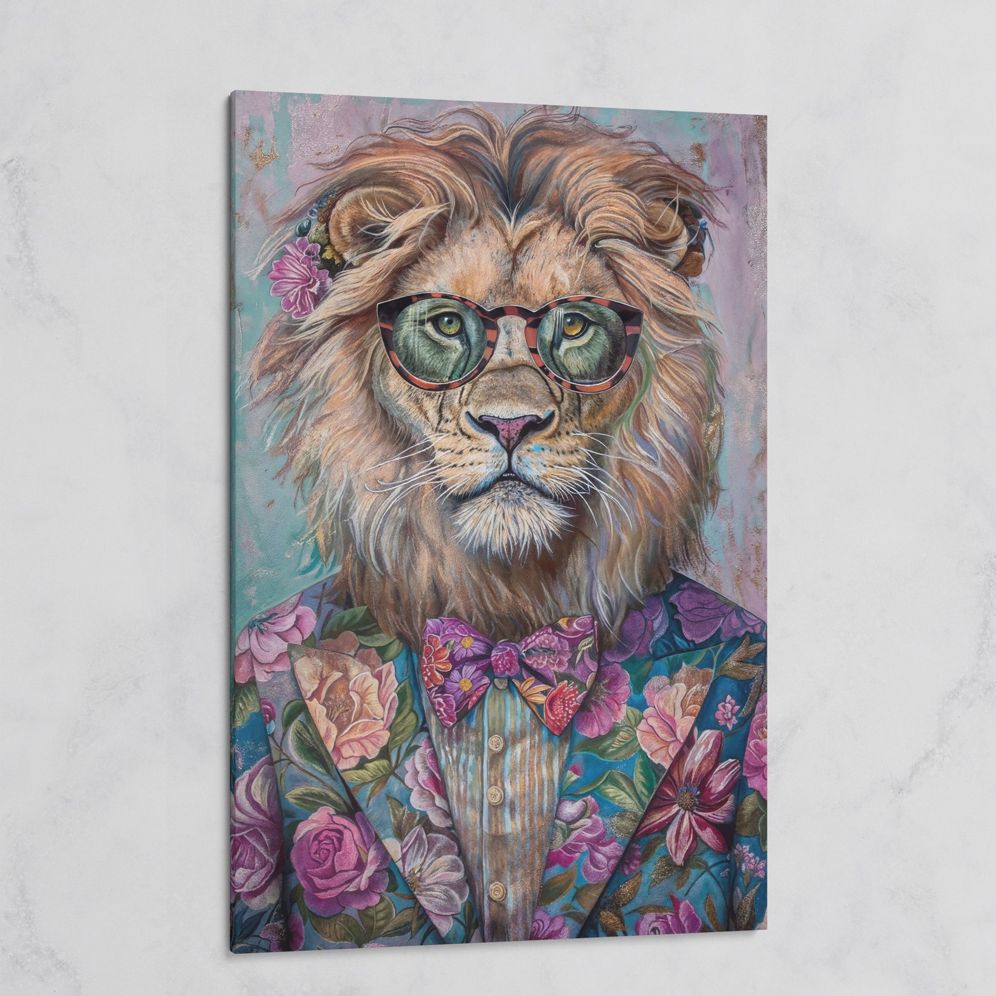 Lion in Floral Suit with Glasses and Bowtie Canvas Print on gallery wrap