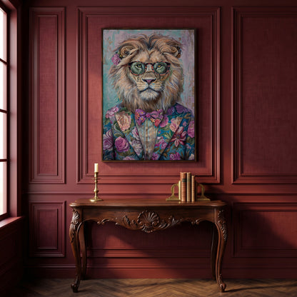 Lion in Floral Suit with Glasses and Bowtie Canvas Print in dark walnut floating frame