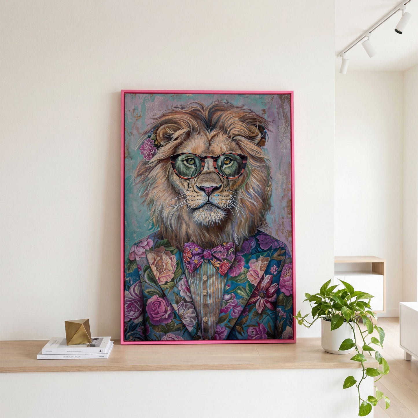 Lion in Floral Suit with Glasses and Bowtie Canvas Print in pink floating frame