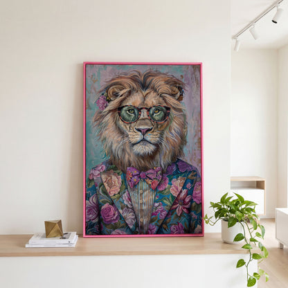 Lion in Floral Suit with Glasses and Bowtie Canvas Print in pink floating frame