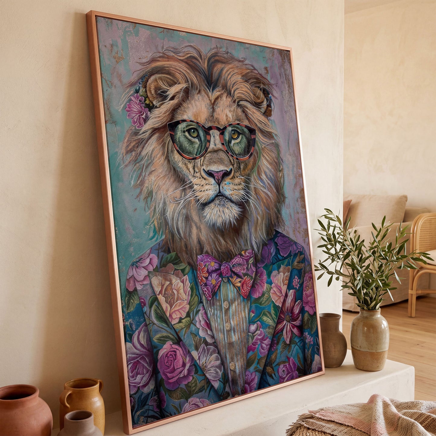 Lion in Floral Suit with Glasses and Bowtie Canvas Print in rose gold floating frame