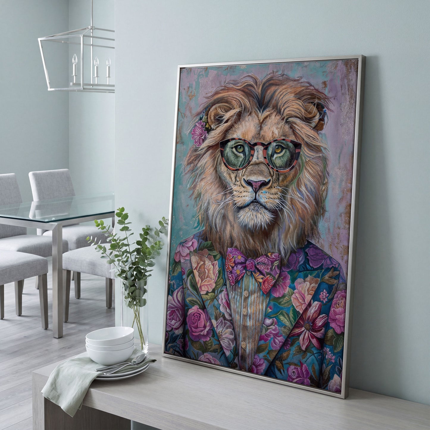 Lion in Floral Suit with Glasses and Bowtie Canvas Print in silver floating frame