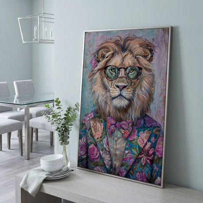 Lion in Floral Suit with Glasses and Bowtie Canvas Print in silver floating frame