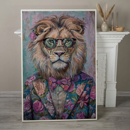 Lion in Floral Suit with Glasses and Bowtie Canvas Print in white floating frame