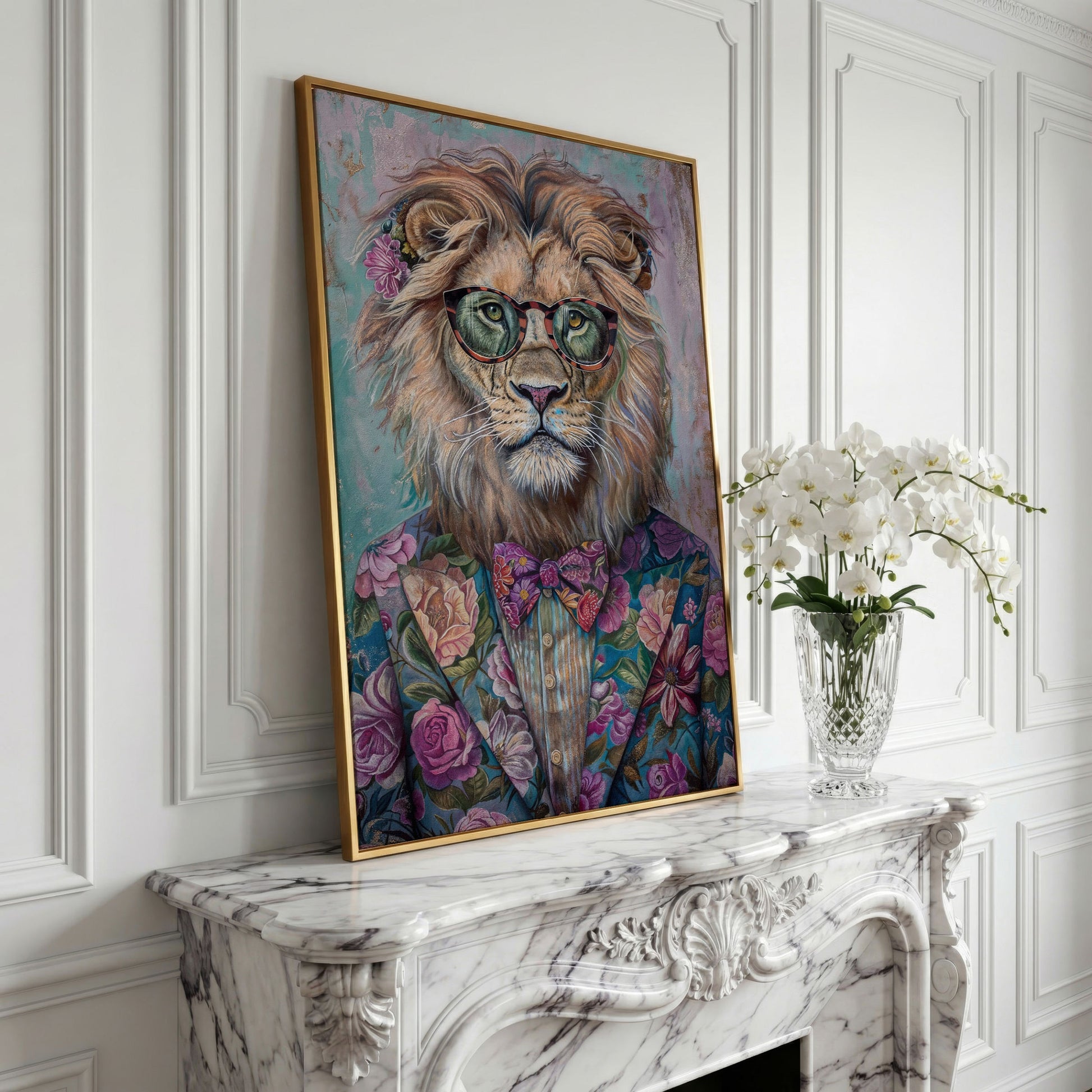 Lion in Floral Suit with Glasses and Bowtie Canvas Print in yellow gold floating frame