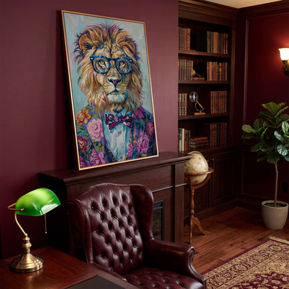 Lion in Suit with Glasses Canvas Print in antique gold floating frame