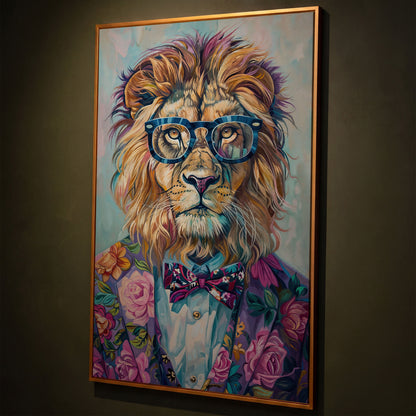 Lion in Suit with Glasses Canvas Print shown in antique gold floating frame