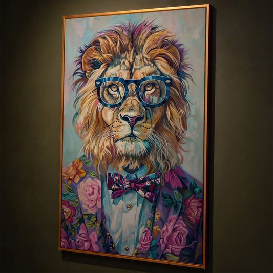 Lion in Suit with Glasses Canvas Print shown in antique gold floating frame