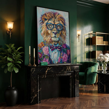 Lion in Suit with Glasses Canvas Print in black floating frame