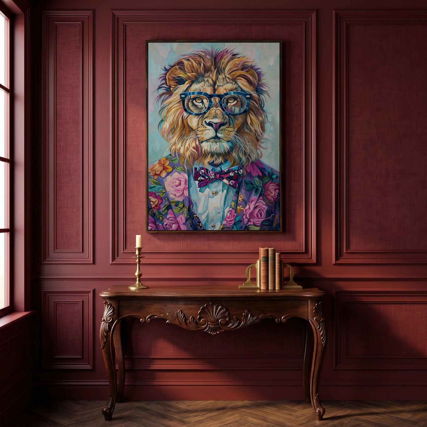 Lion in Suit with Glasses Canvas Print in dark walnut floating frame