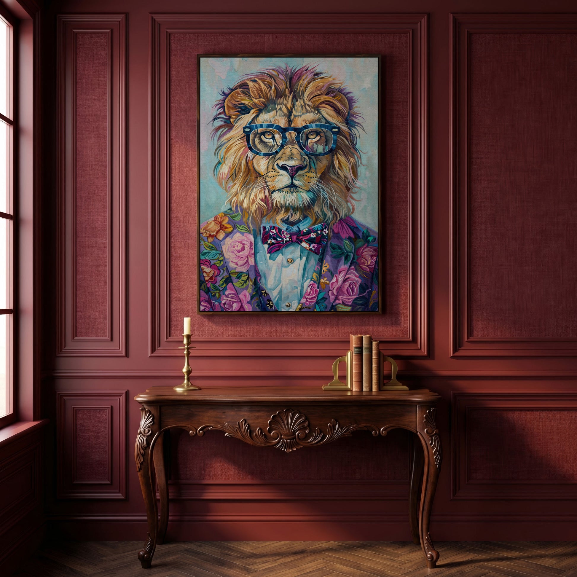 Lion in Suit with Glasses Canvas Print in dark walnut floating frame