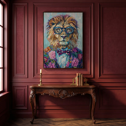 Lion in Suit with Glasses Canvas Print in dark walnut floating frame