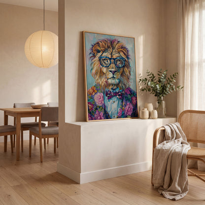 Lion in Suit with Glasses Canvas Print in white oak floating frame