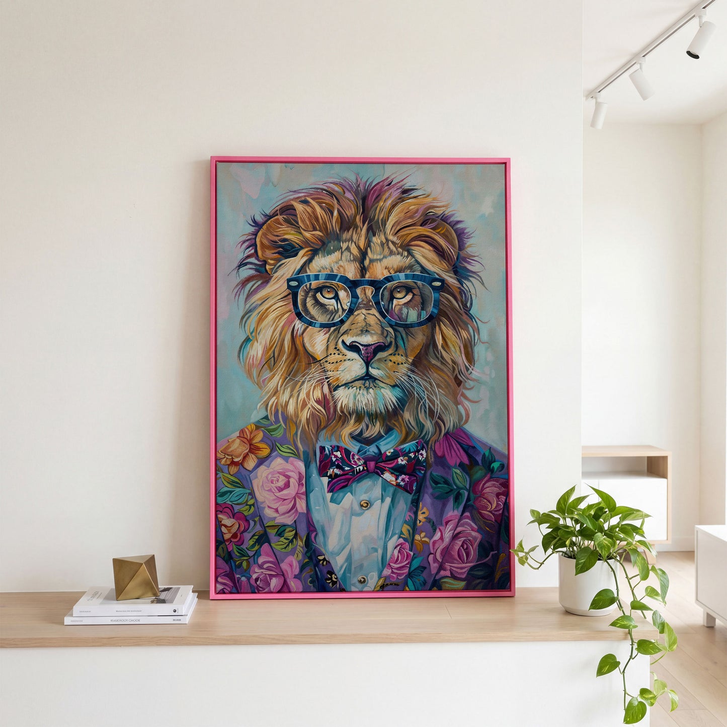 Lion in Suit with Glasses Canvas Print in pink floating frame