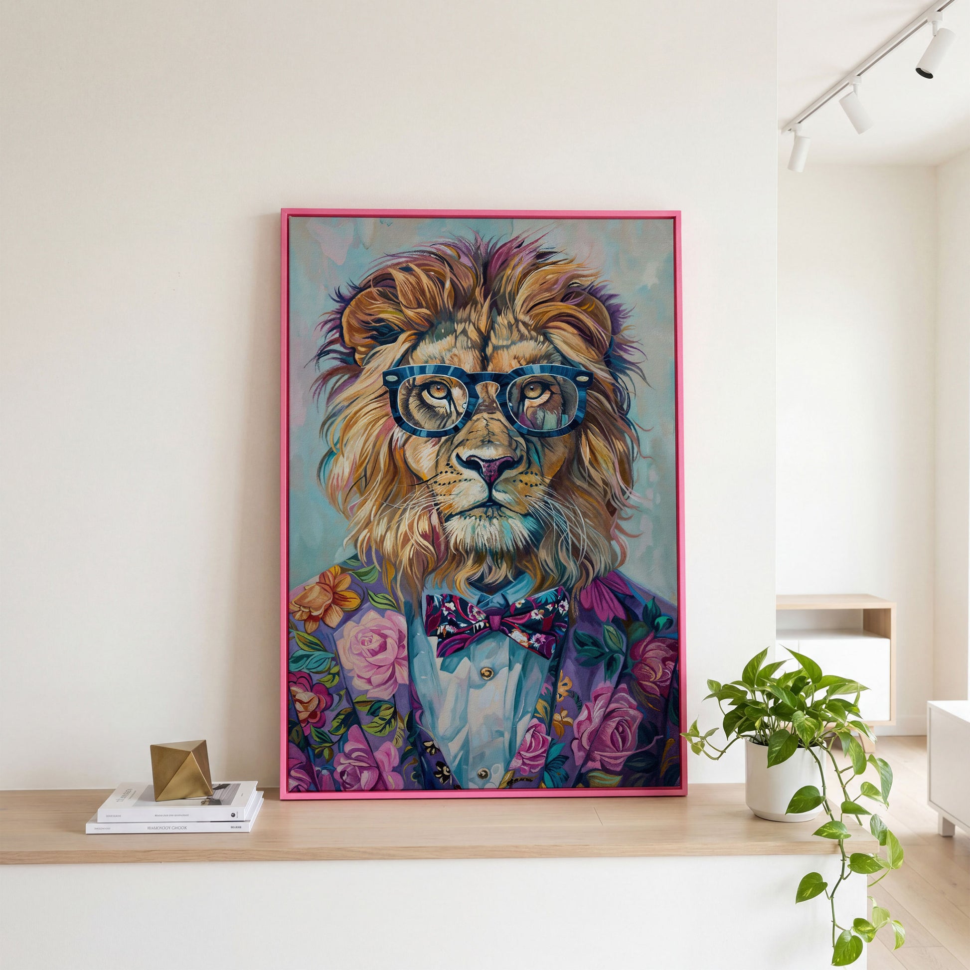 Lion in Suit with Glasses Canvas Print in pink floating frame