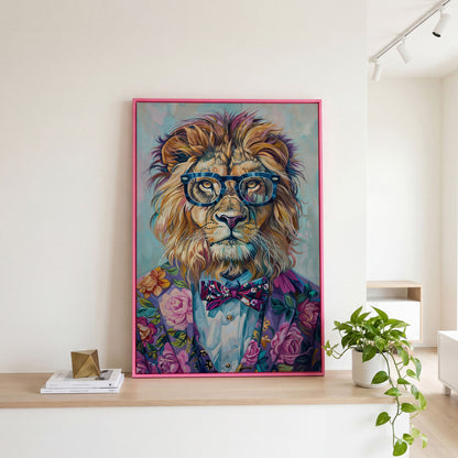 Lion in Suit with Glasses Canvas Print in pink floating frame
