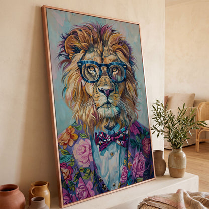 Lion in Suit with Glasses Canvas Print in rose gold floating frame