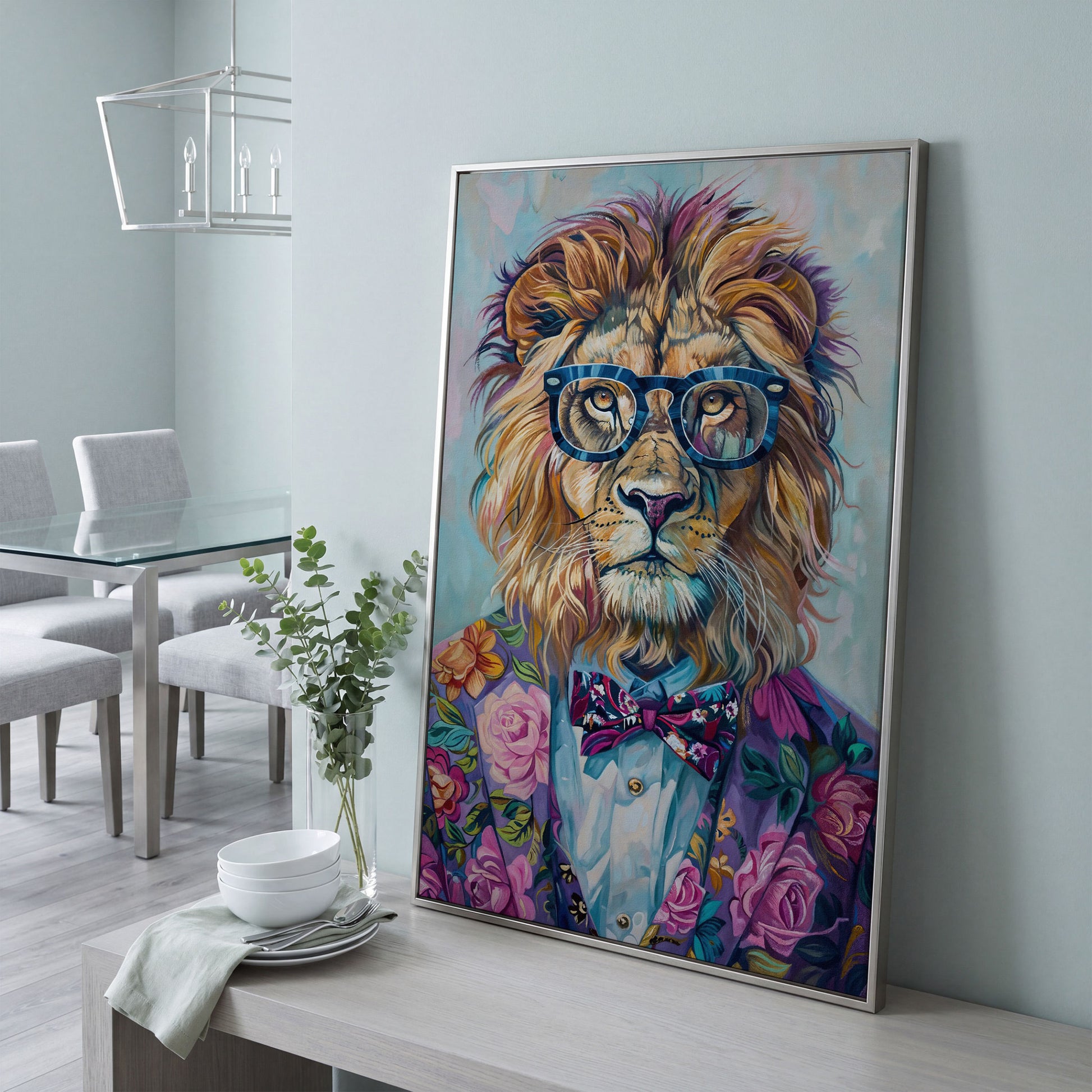 Lion in Suit with Glasses Canvas Print in silver floating frame