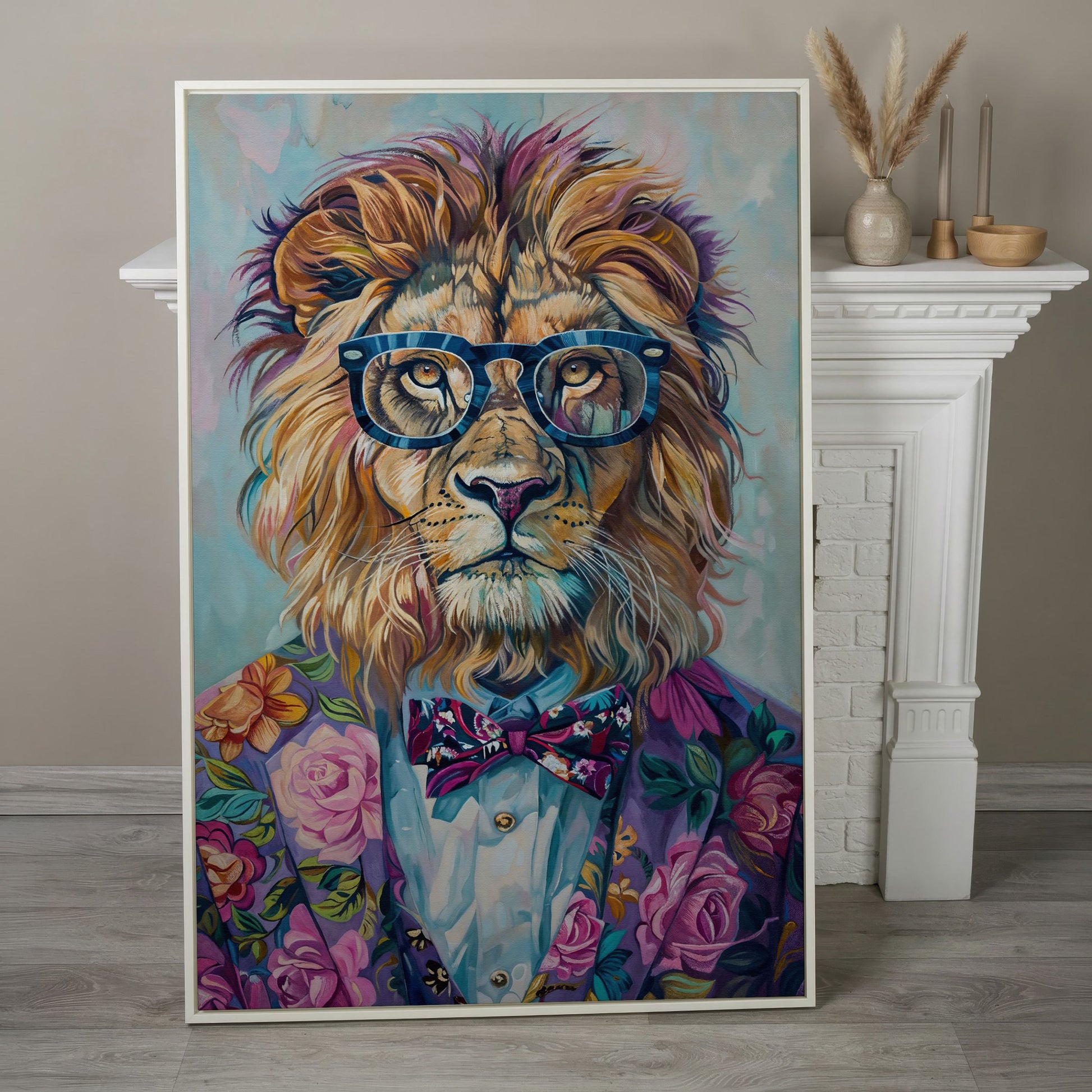 Lion in Suit with Glasses Canvas Print in white floating frame