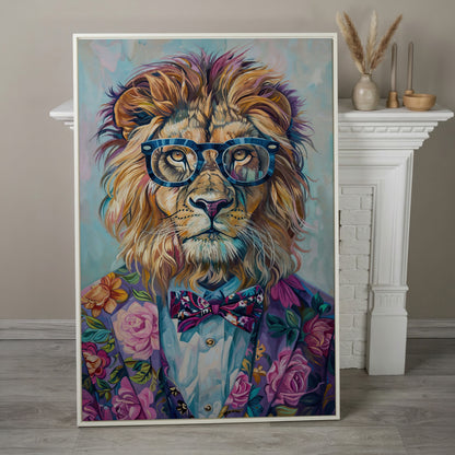 Lion in Suit with Glasses Canvas Print in white floating frame