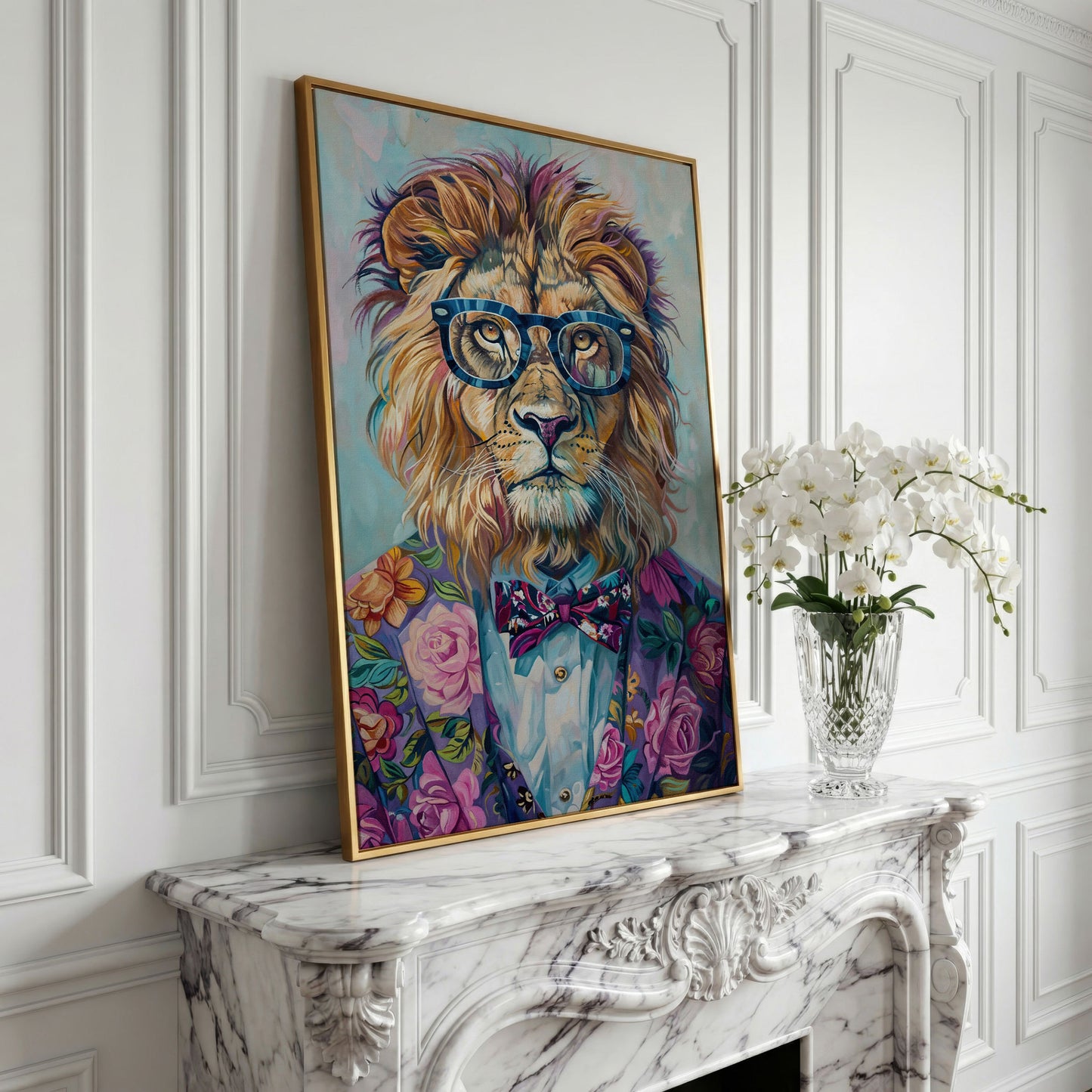 Lion in Suit with Glasses Canvas Print in yellow gold floating frame