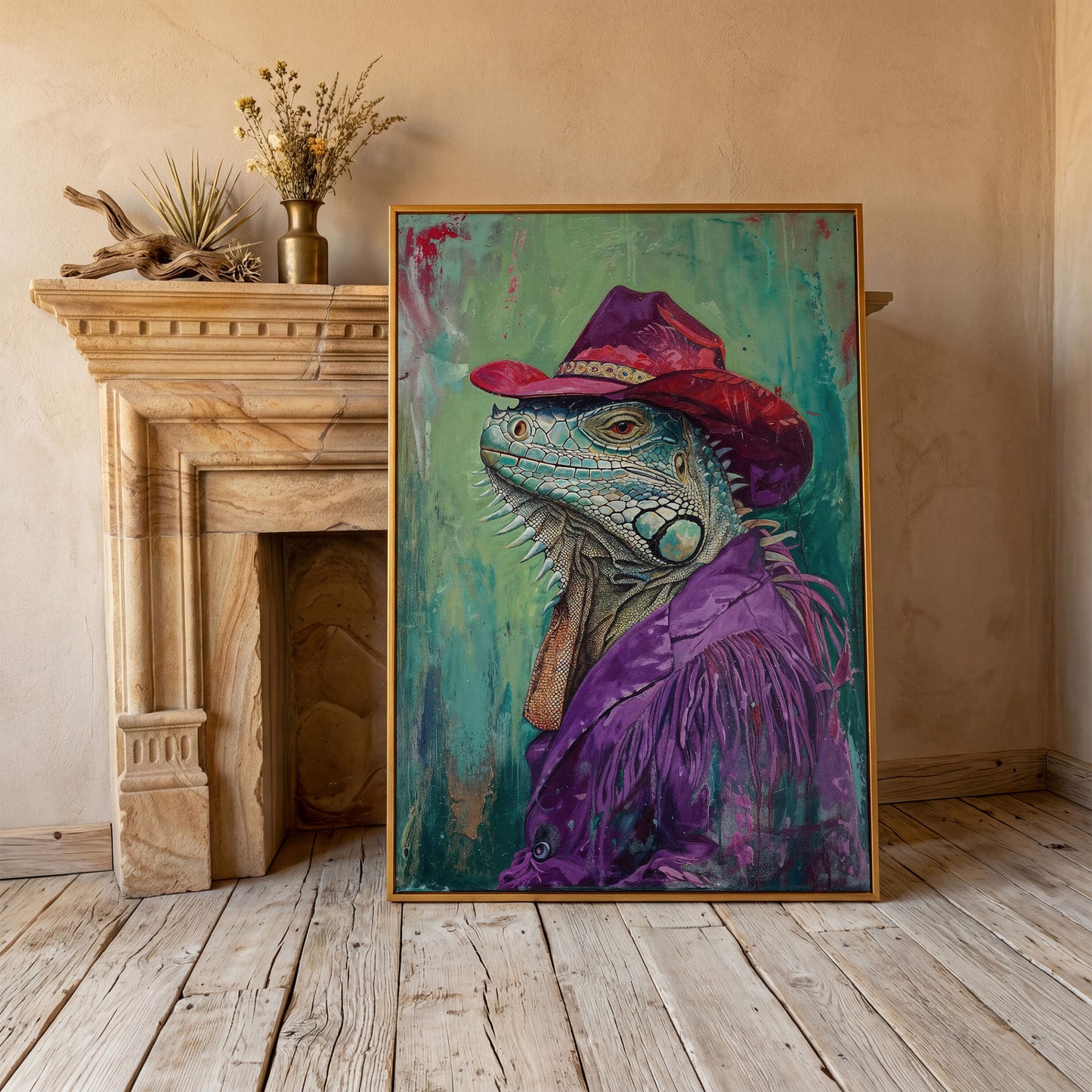 Iguana in Cowboy Hat Canvas Wall Art in antique gold floating frame