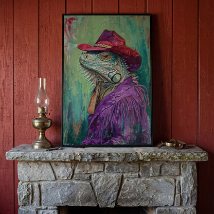 Iguana in Cowboy Hat Canvas Wall Art in black floating frame