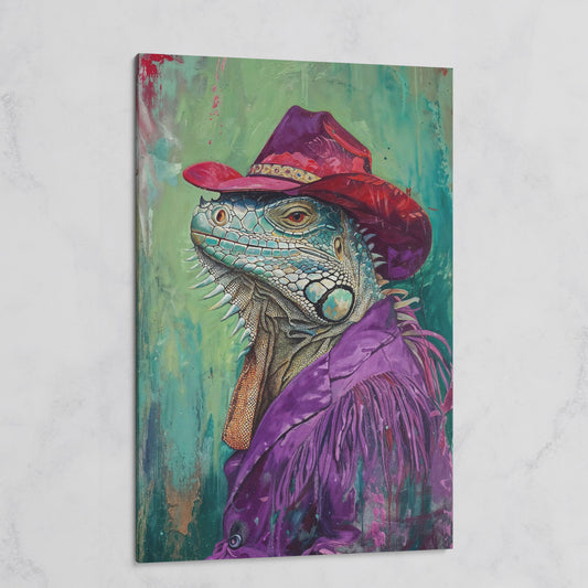 Iguana in Cowboy Hat Canvas Wall Art on gallery wrap