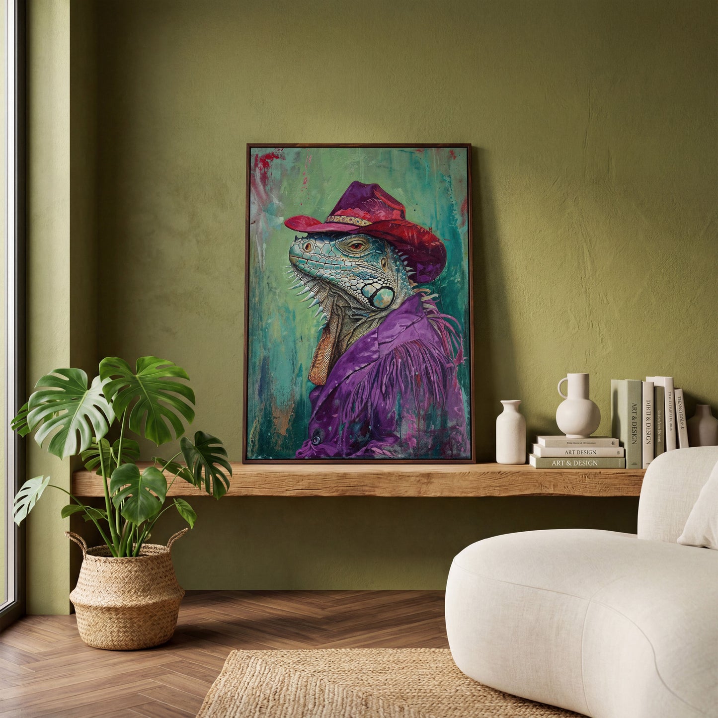 Iguana in Cowboy Hat Canvas Wall Art in dark walnut floating frame
