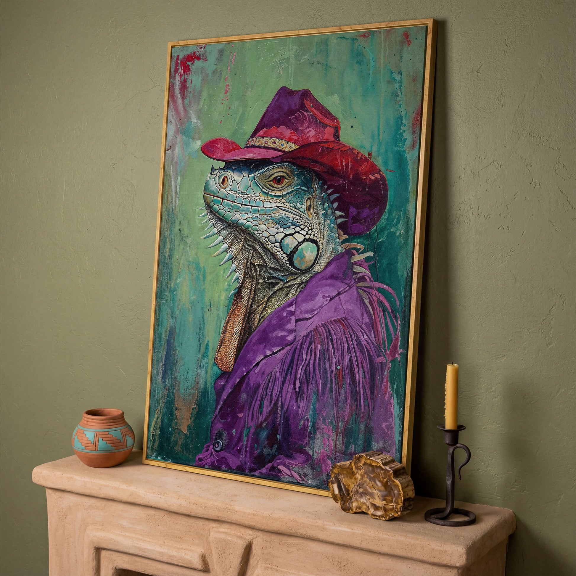 Iguana in Cowboy Hat Canvas Wall Art in white oak floating frame