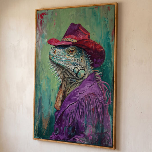 Iguana in Cowboy Hat Canvas Wall Art shown in white oak floating frame