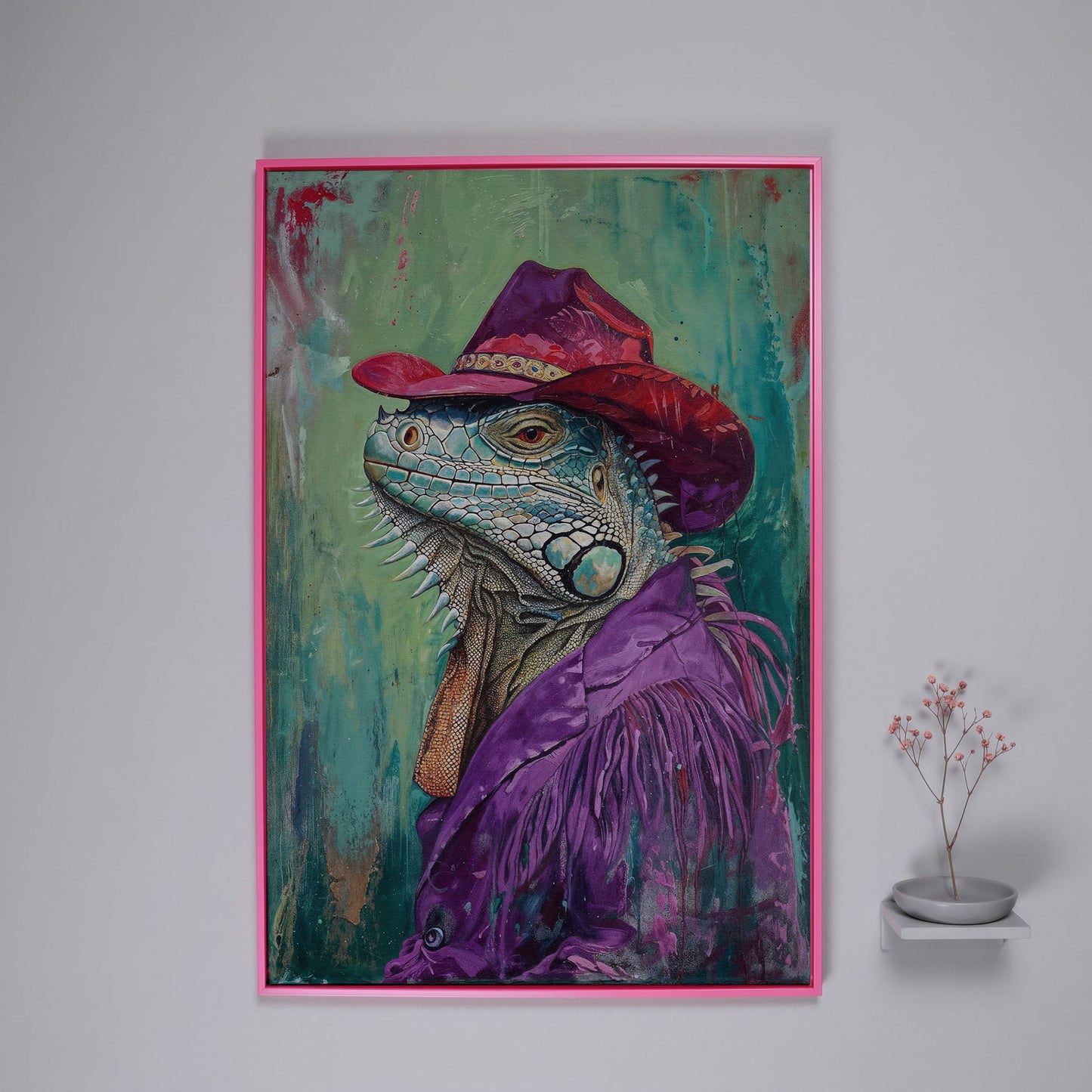 Iguana in Cowboy Hat Canvas Wall Art in pink floating frame