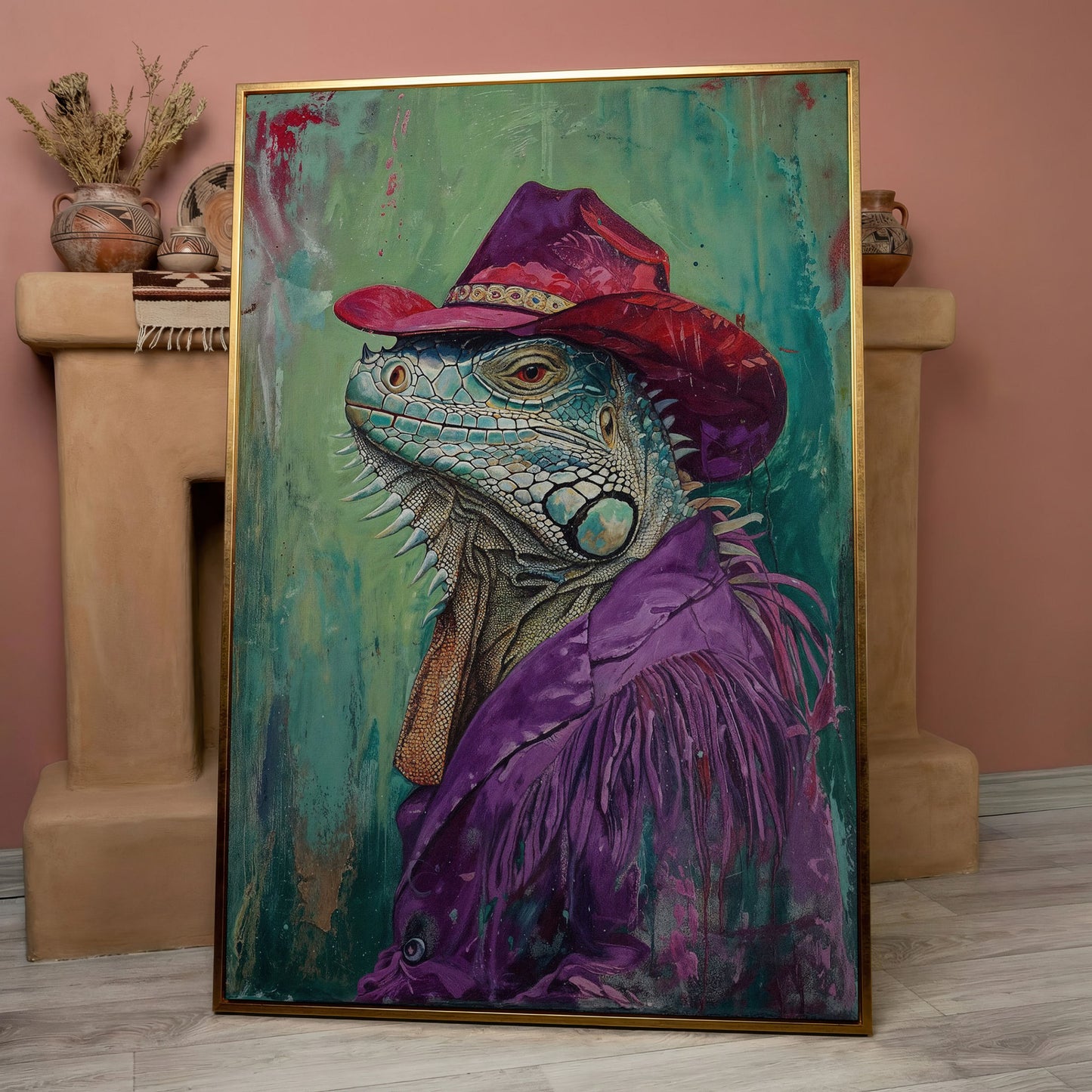 Iguana in Cowboy Hat Canvas Wall Art in rose gold floating frame
