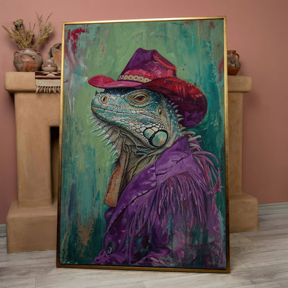 Iguana in Cowboy Hat Canvas Wall Art in rose gold floating frame