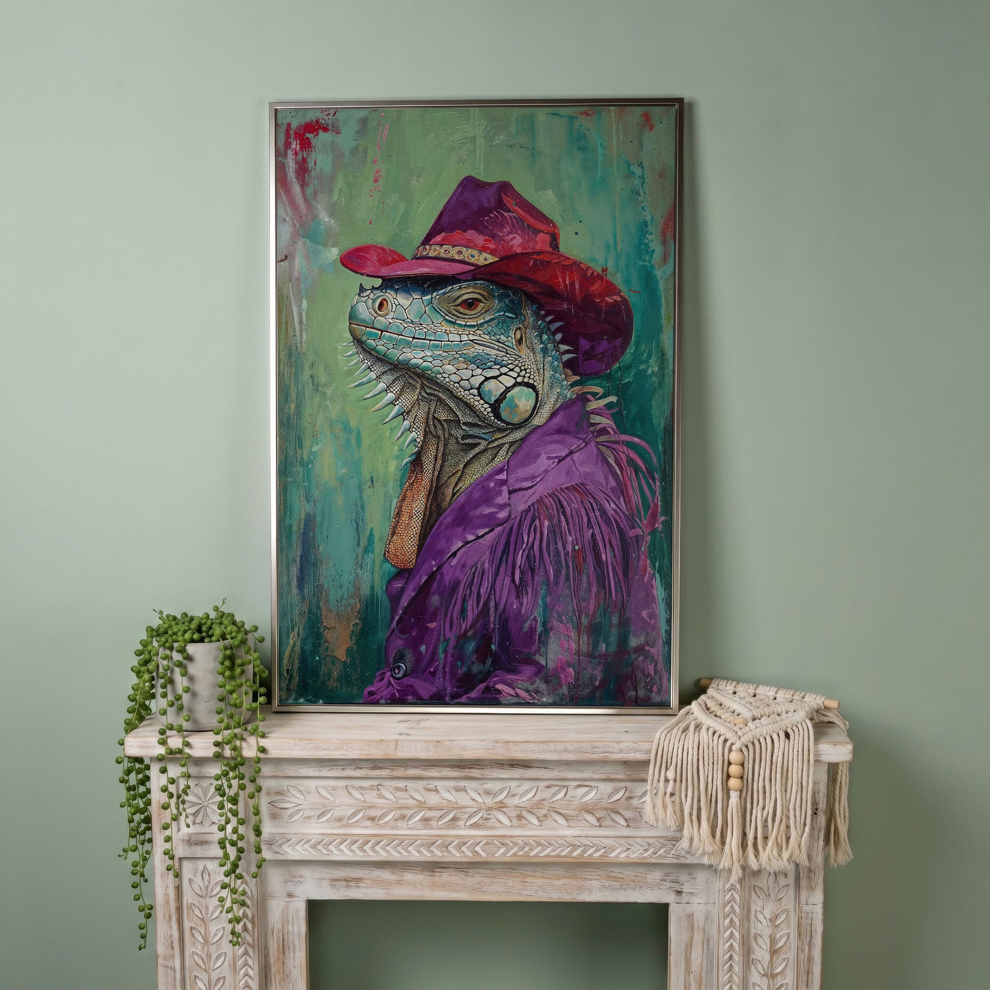 Iguana in Cowboy Hat Canvas Wall Art in silver floating frame