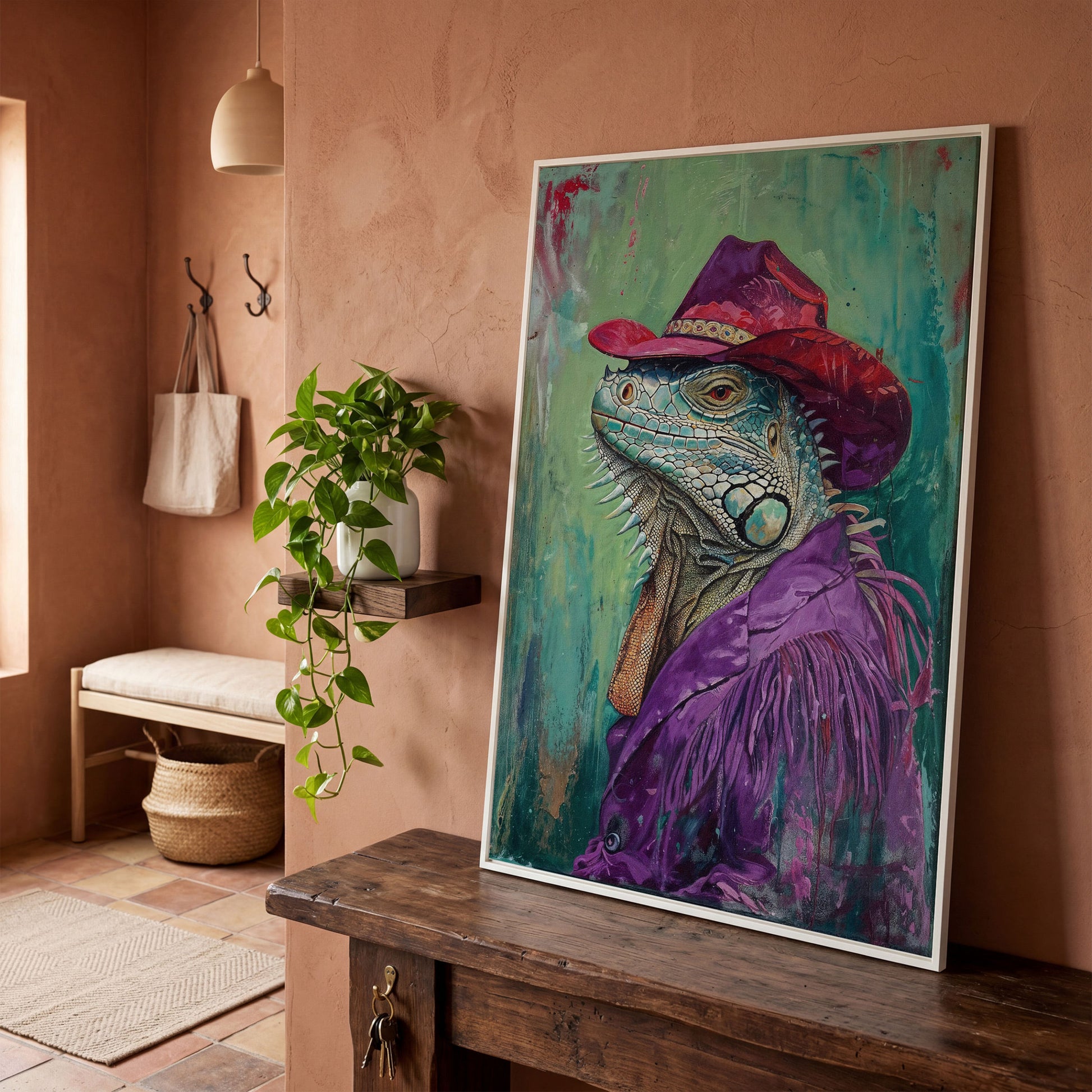 Iguana in Cowboy Hat Canvas Wall Art in white floating frame