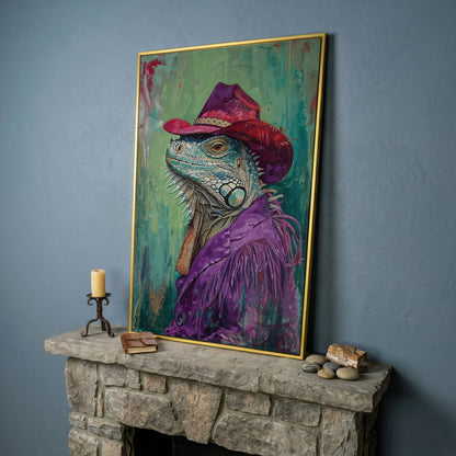 Iguana in Cowboy Hat Canvas Wall Art in yellow gold floating frame