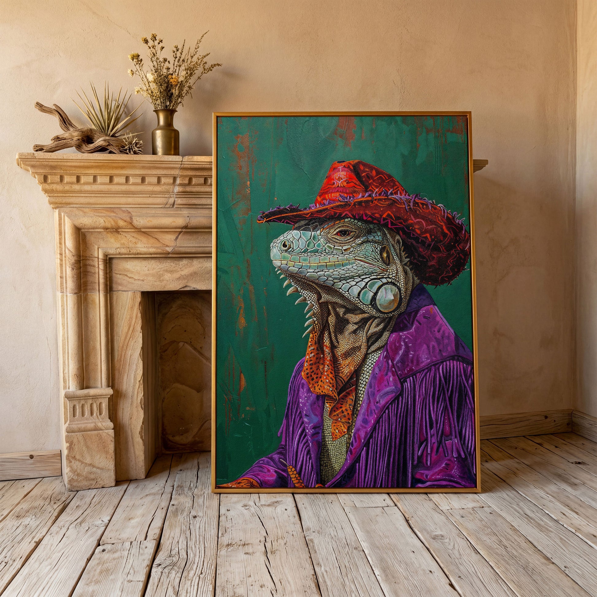 Fancy Iguana Cowboy Canvas Wall Art in antique gold floating frame