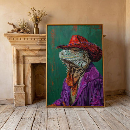 Fancy Iguana Cowboy Canvas Wall Art in antique gold floating frame