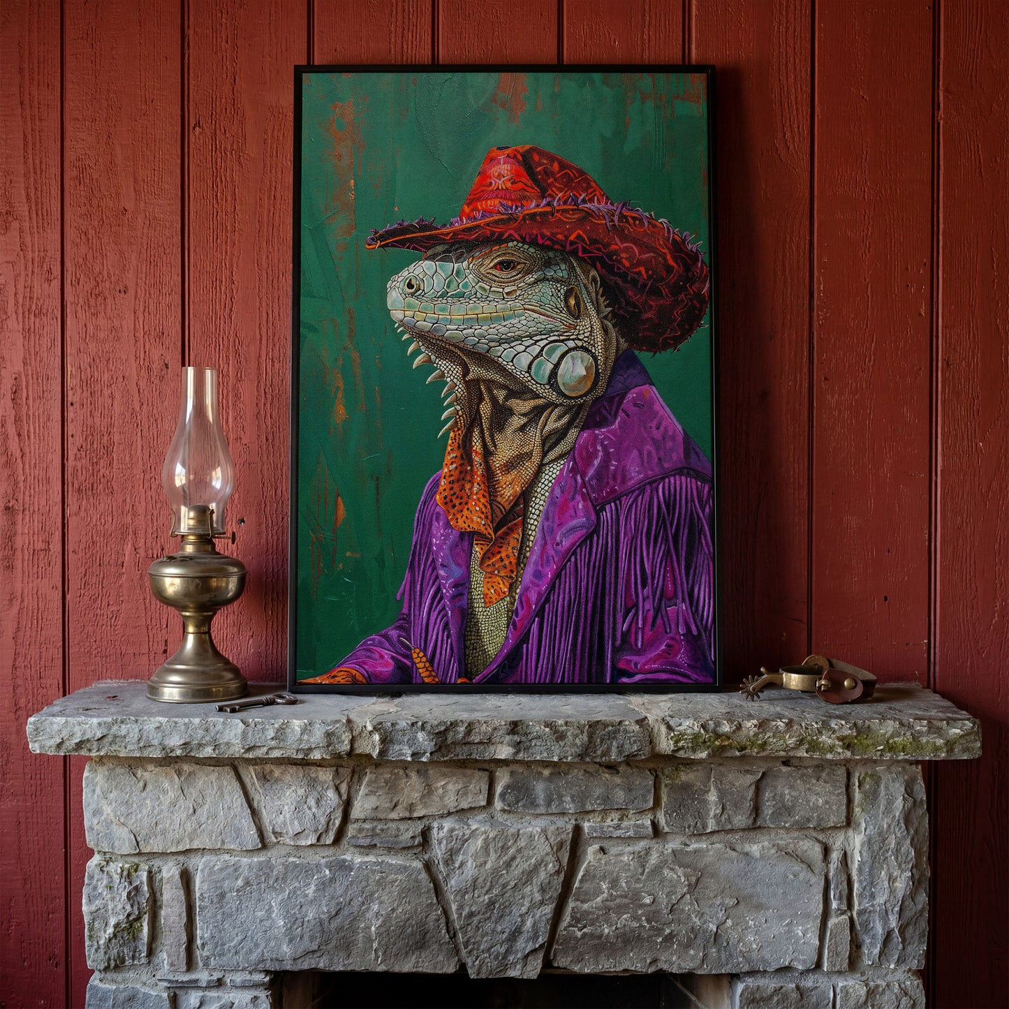 Fancy Iguana Cowboy Canvas Wall Art in black floating frame