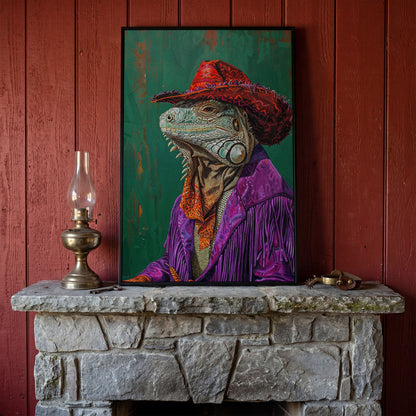 Fancy Iguana Cowboy Canvas Wall Art in black floating frame