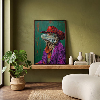 Fancy Iguana Cowboy Canvas Wall Art in dark walnut floating frame